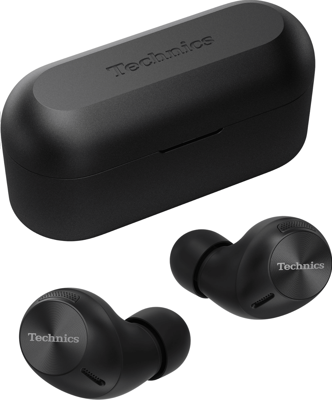 Technics EAH-AZ40M2 True Wireless Noise Cancelling Earbuds with Multipoint Bluetooth in Black, with their case