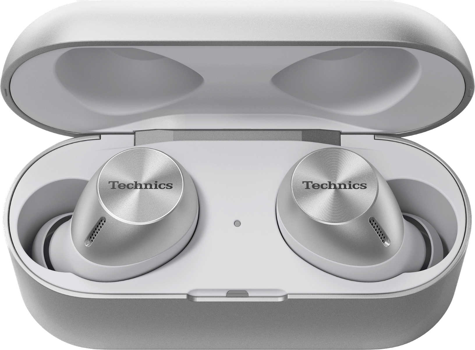 Technics EAH-AZ40M2 True Wireless Noise Cancelling Earbuds with Multipoint Bluetooth in Silver, in their case