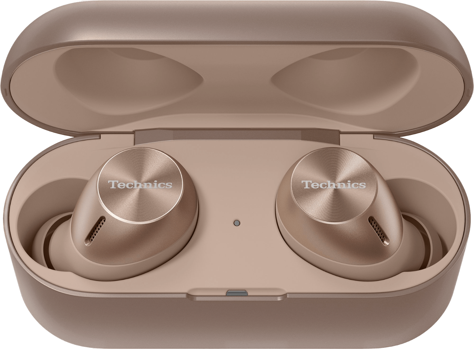 Technics EAH-AZ40M2 True Wireless Noise Cancelling Earbuds with Multipoint Bluetooth in Rose Gold, in their case