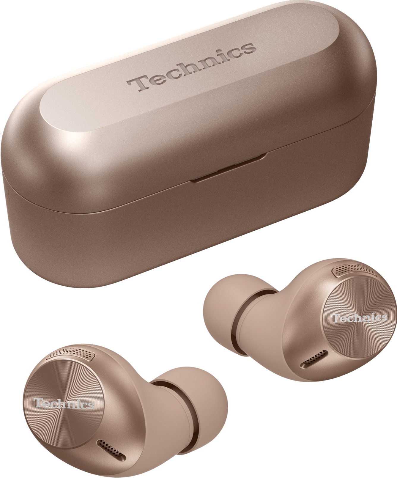 Technics EAH-AZ40M2 True Wireless Noise Cancelling Earbuds with Multipoint Bluetooth in Rose Gold, with their case