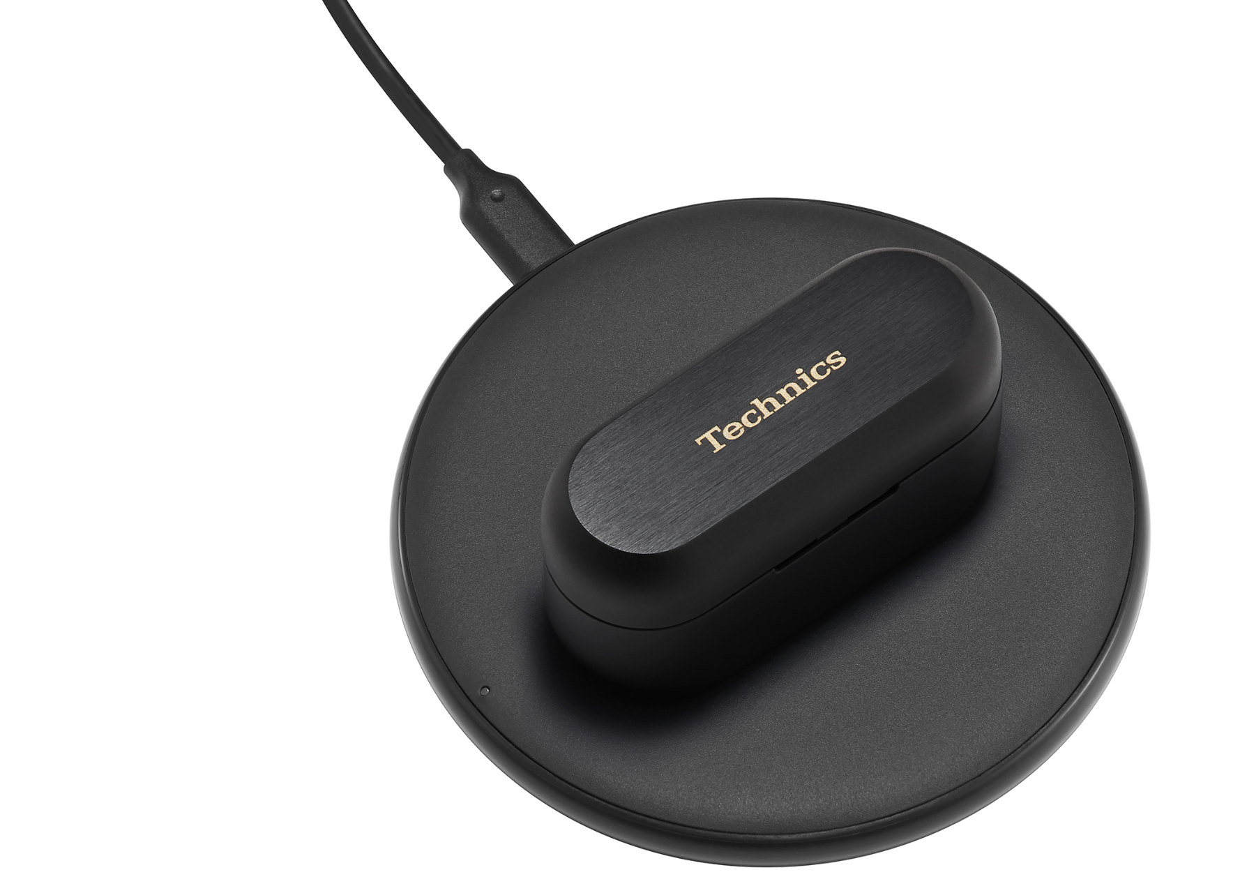 Technics EAH-AZ80 Noise Cancelling Earbuds in Black, shown on charger