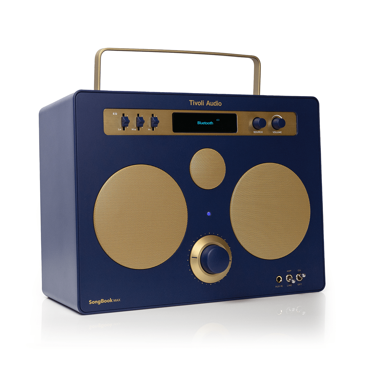 Tivoli Audio Music Songbook MAX in blue and gold, angled to the right