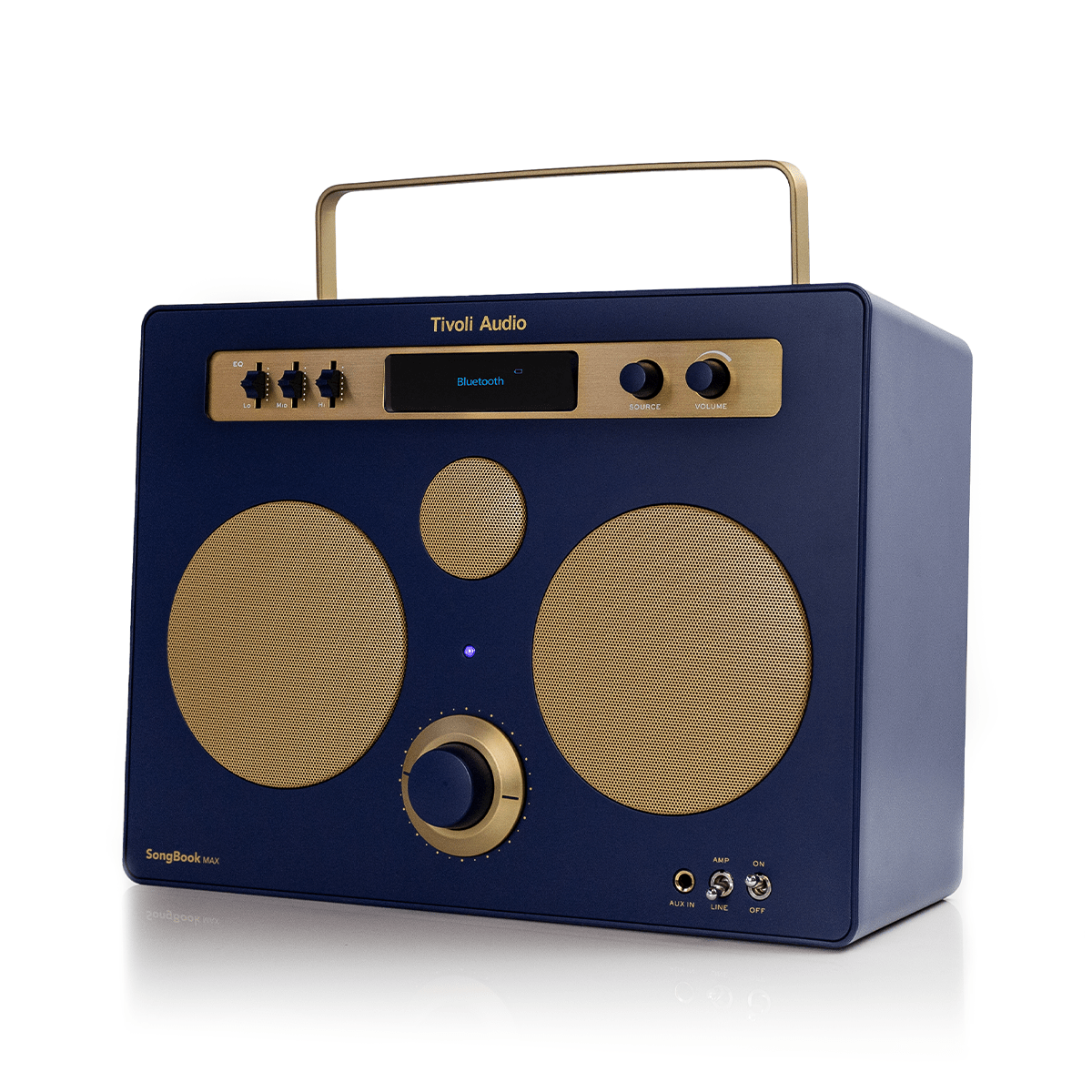 Tivoli Audio Music Songbook MAX in blue and gold, angled to the left