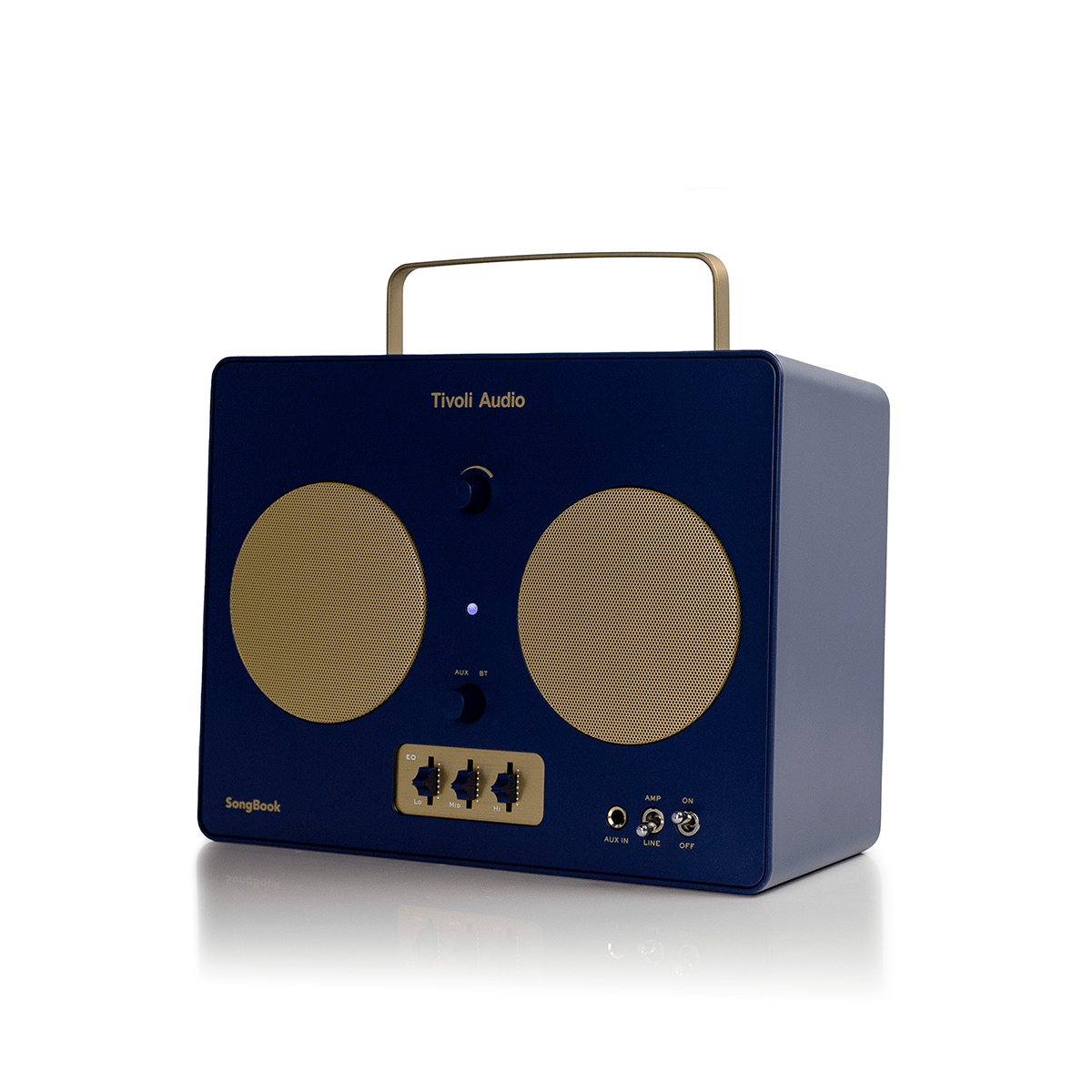 Tivoli Audio Music Songbook Portable Bluetooth Speaker in blue and gold, angled to the left