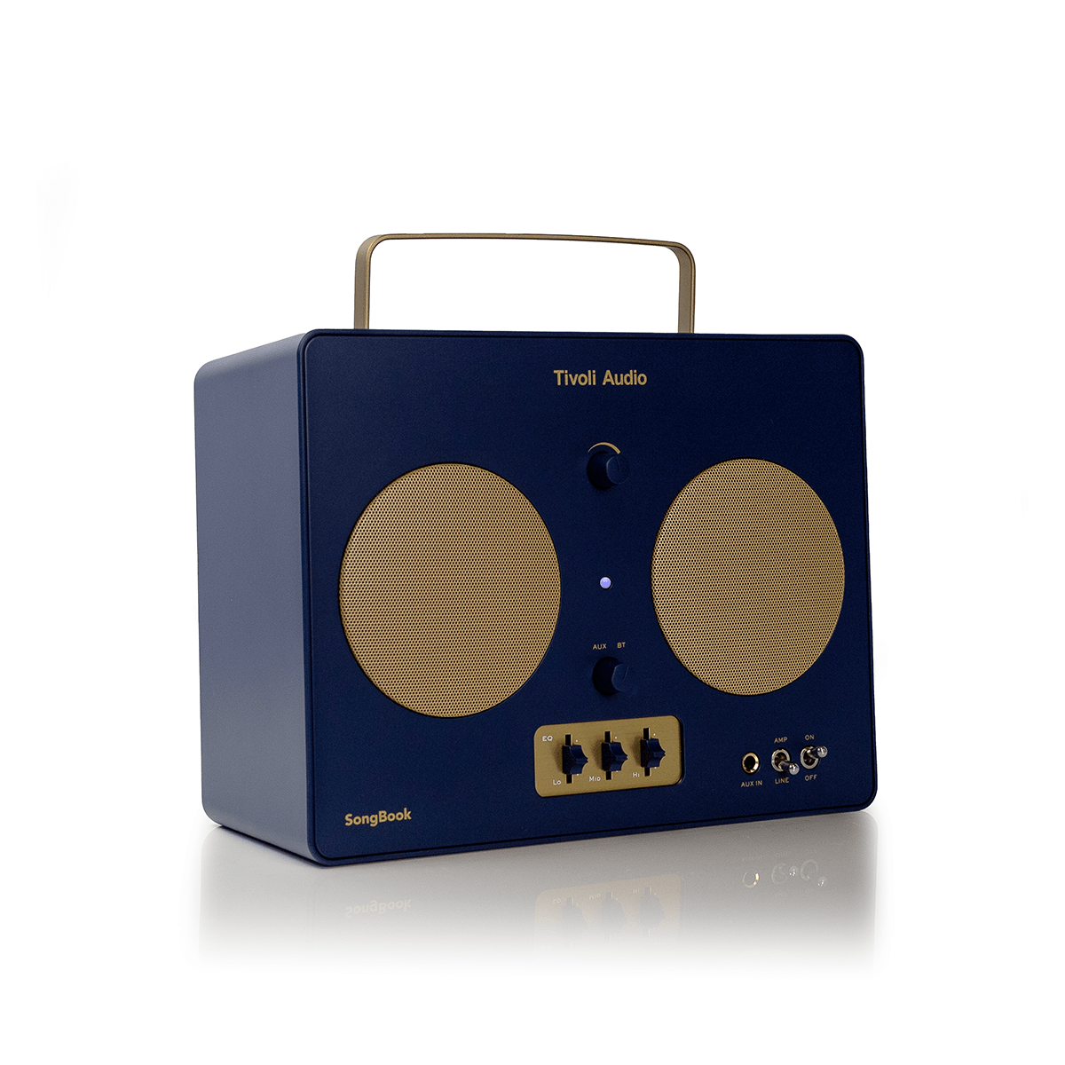 Tivoli Audio Music Songbook Portable Bluetooth Speaker in blue and gold, angled to the right