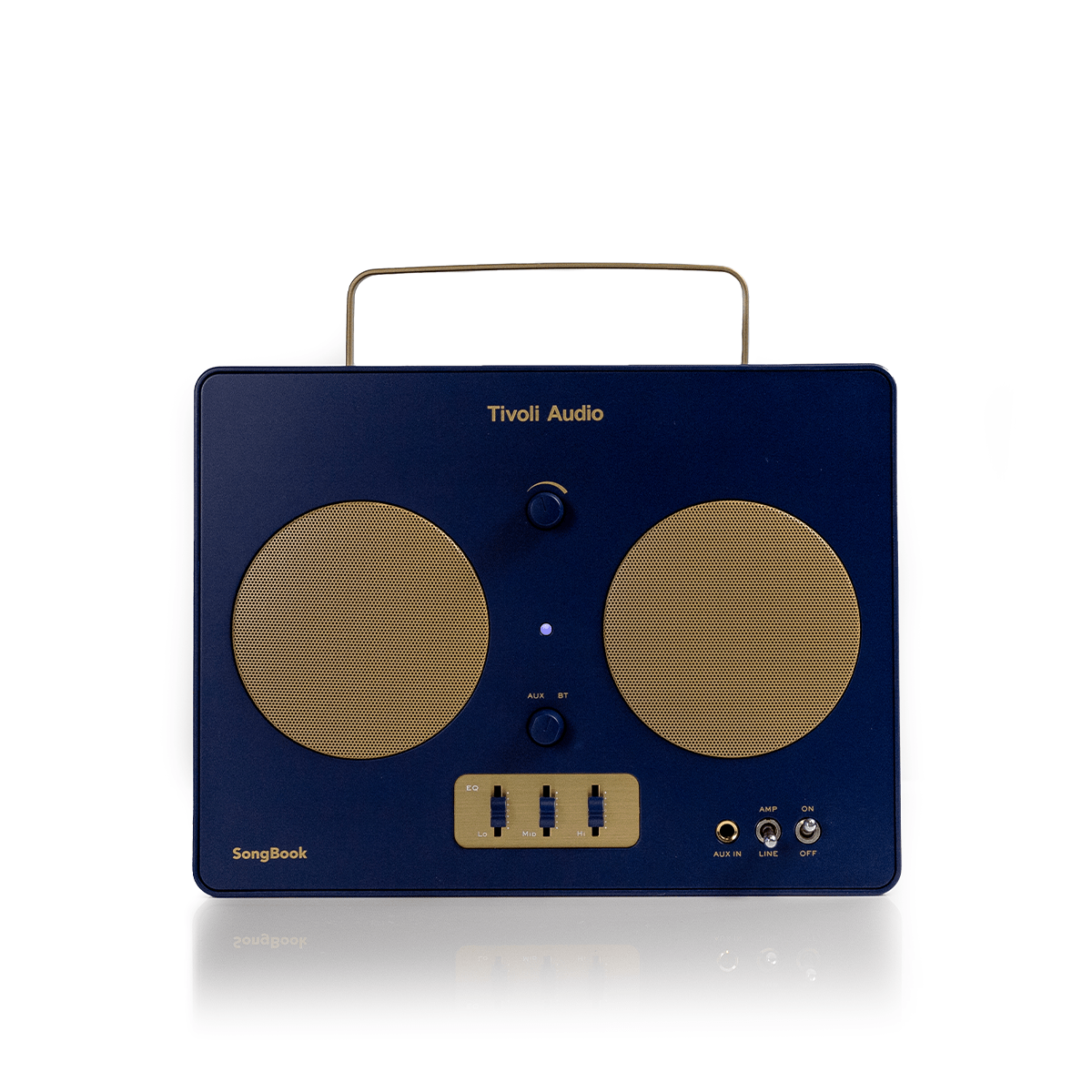 Tivoli Audio Music Songbook Portable Bluetooth Speaker in blue and gold, front of unit