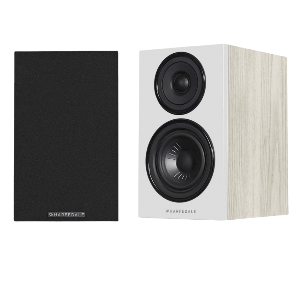 Wharfedale Diamond 12.0 Bookshelf Speakers in Light Oak with and without Grille