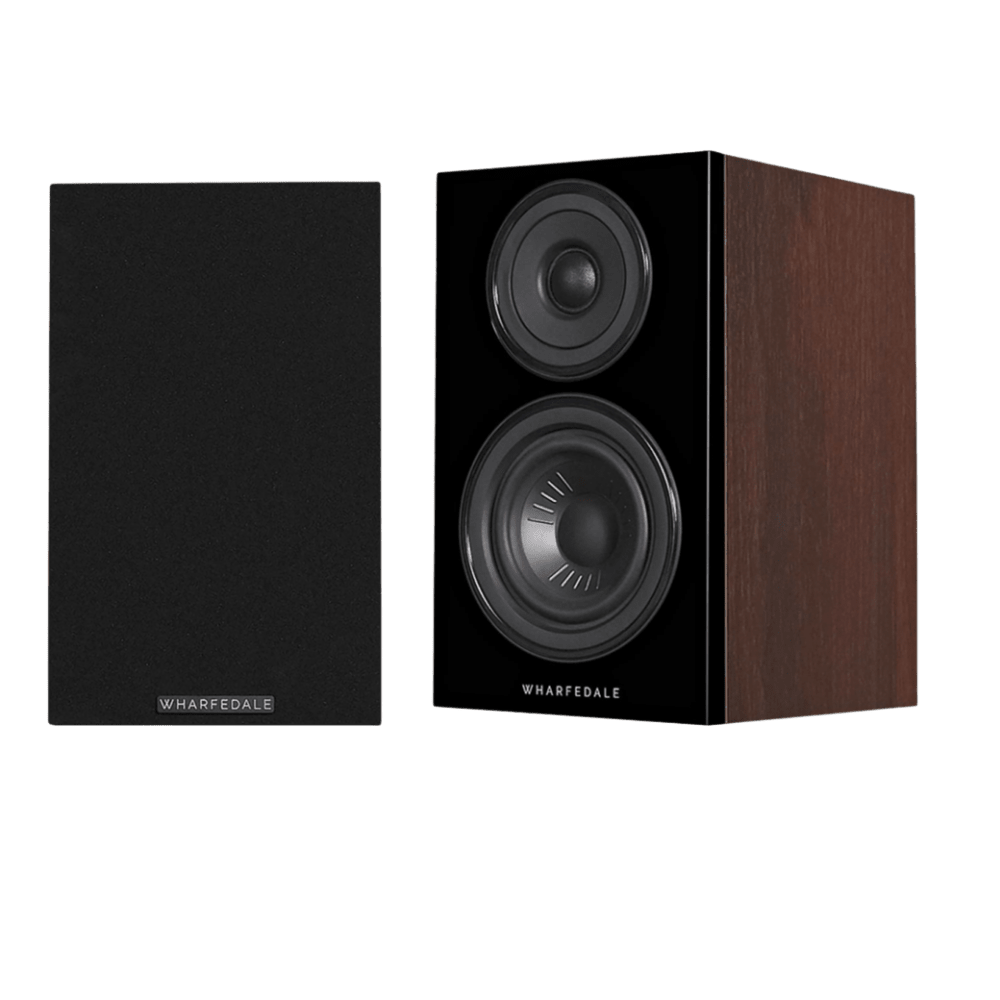 Wharfedale Diamond 12.0 Bookshelf Speakers in Walnut with and without Grille