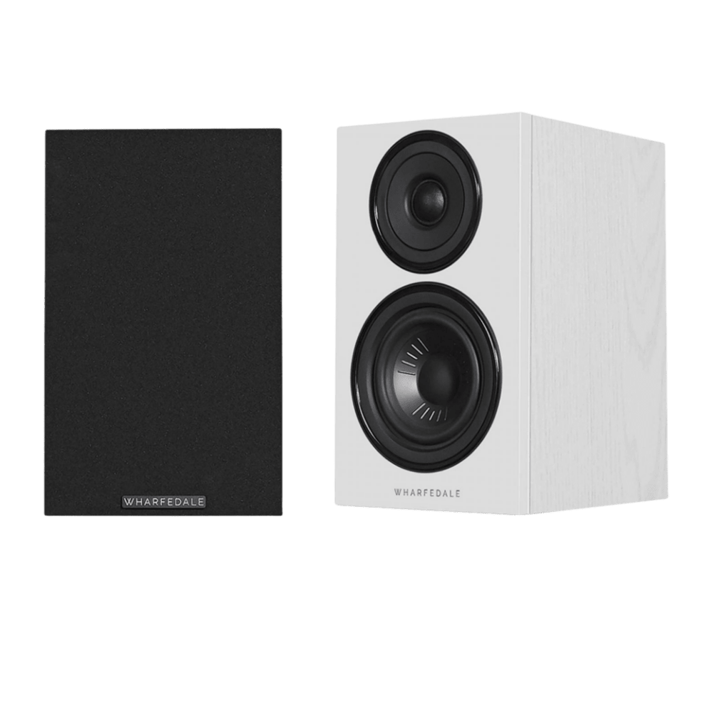 Wharfedale Diamond 12.0 Bookshelf Speakers in White with and without Grille
