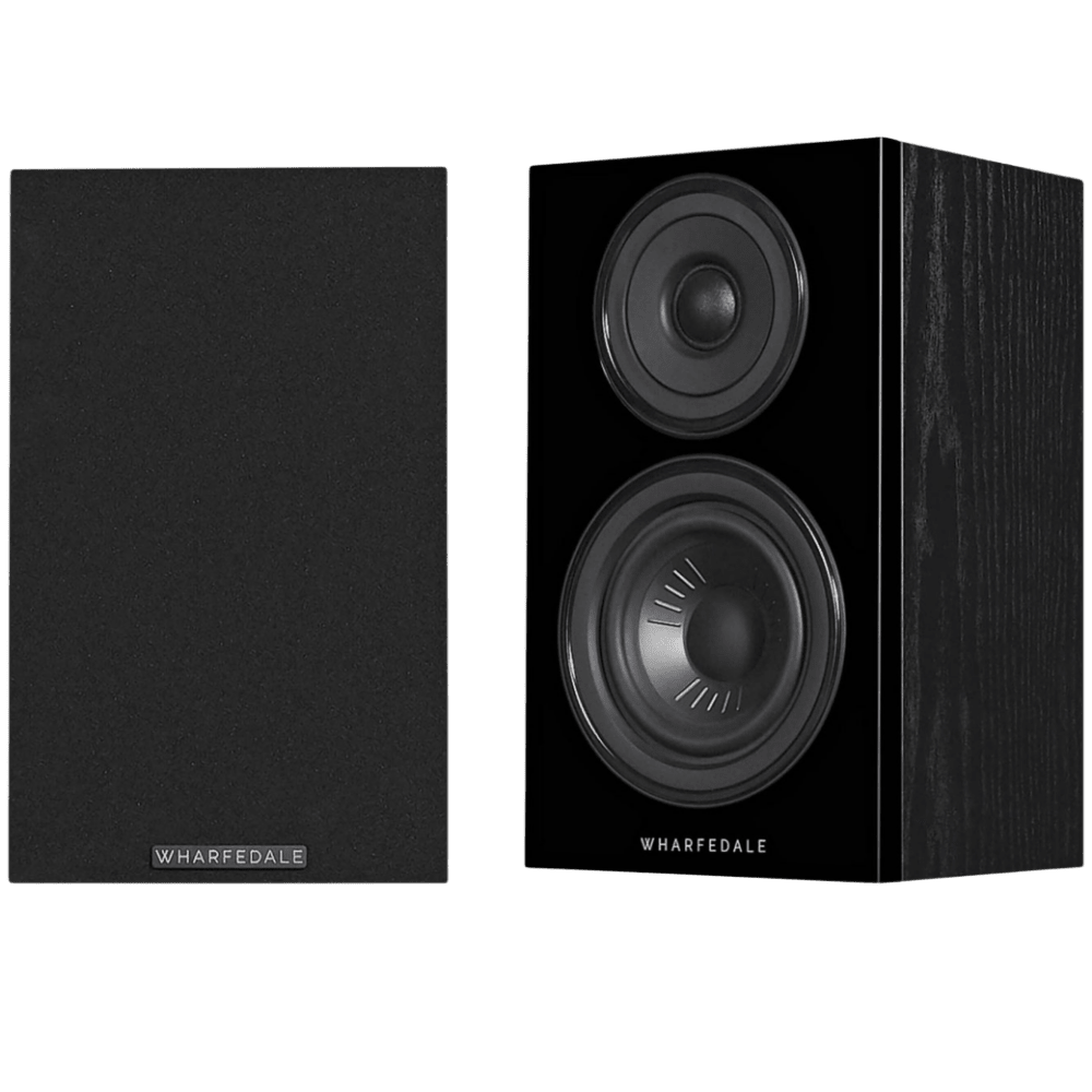 Wharfedale Diamond 12.0 Bookshelf Speakers in Black with and without Grille