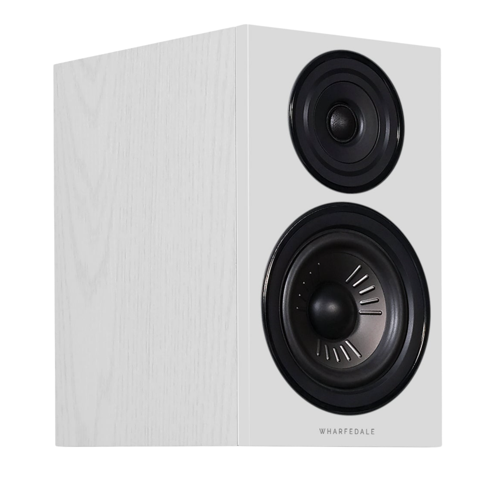  Wharfedale Diamond 12.2 Bookshelf Speakers in White Oak, angled view of individual speaker