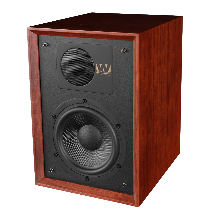 Wharfedale Denton 85th Anniversary Speakers, individual speaker in Mahogany, angled without grille