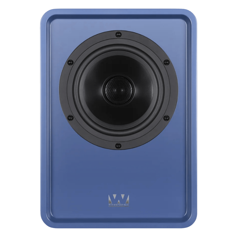 Wharfedale Denton S1 Heritage Loudspeakers in Matte Blue. Individual speaker shown, without grille, front