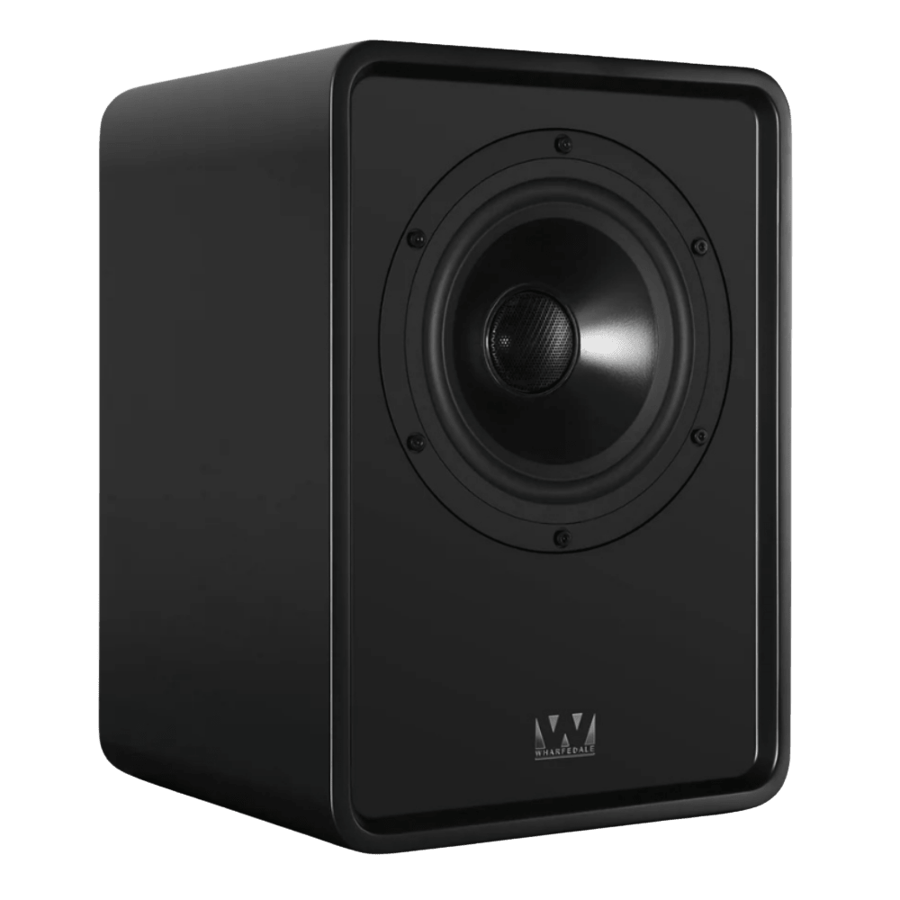 Wharfedale Denton S1 Heritage Loudspeakers in Matte Blue. Individual speaker shown, without grille and angled to the right