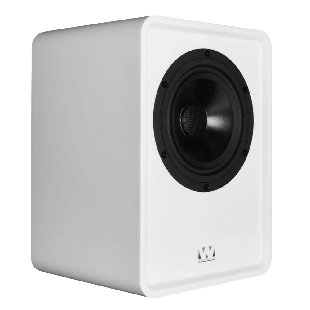 Wharfedale Denton S1 Heritage Loudspeakers in Matte White. Individual speaker shown, without grille and angled to the right