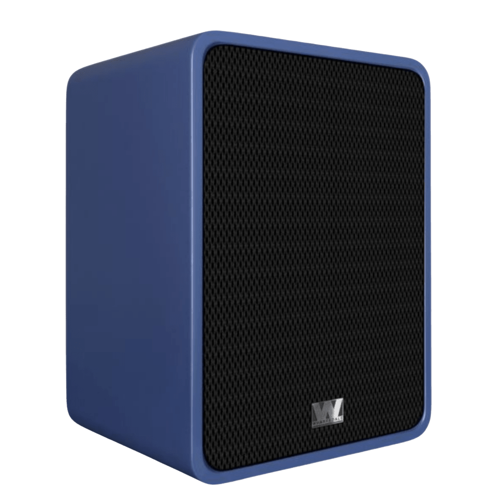 Wharfedale Denton S1 Heritage Loudspeakers in Matte Blue. Individual speaker shown, with grille and angled to the right