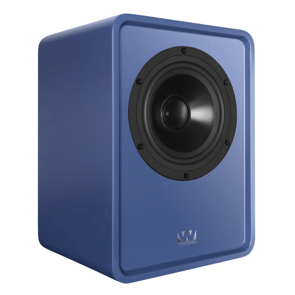 Wharfedale Denton S1 Heritage Loudspeakers in Matte Blue. Individual speaker shown, without grille and angled to the right