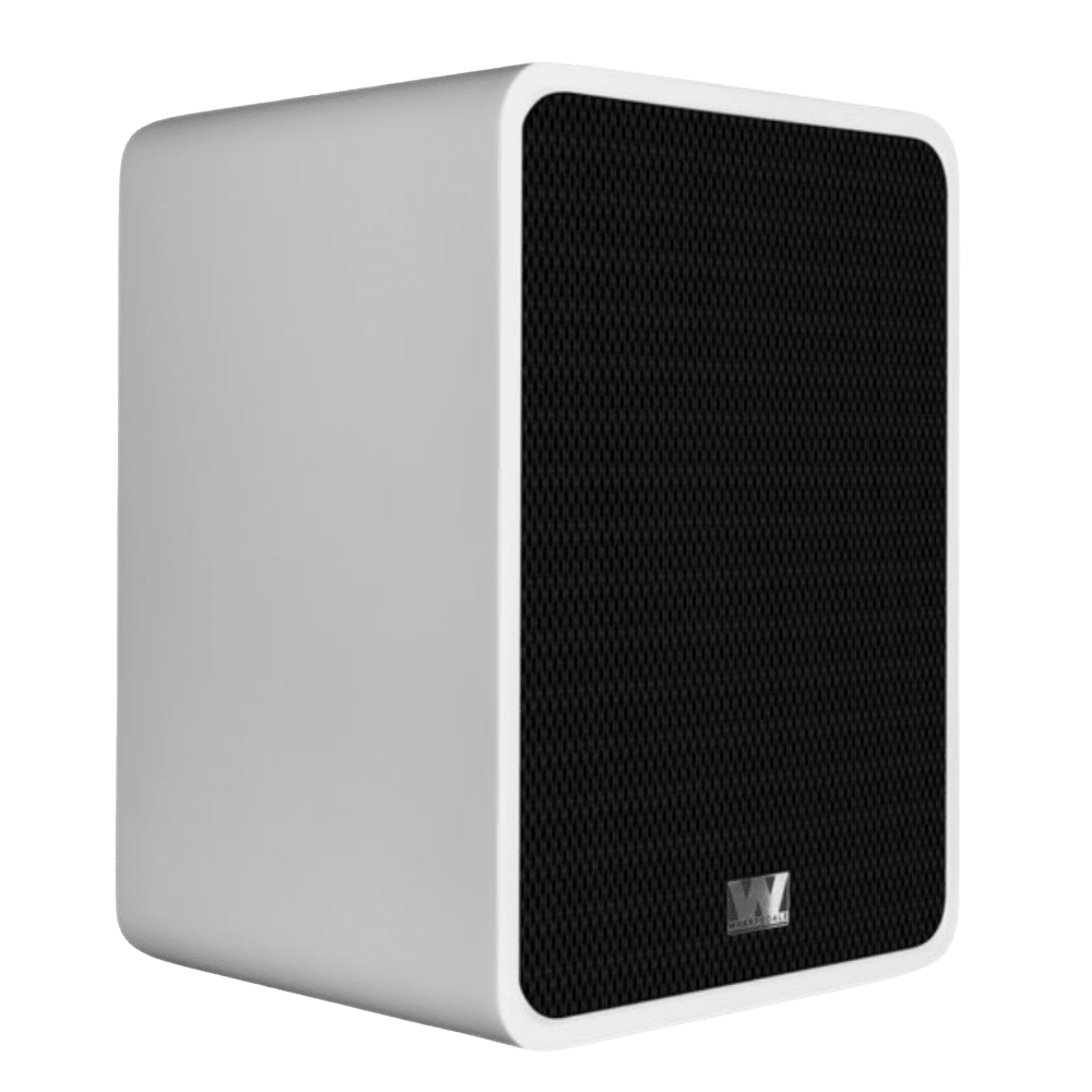Wharfedale Denton S1 Heritage Loudspeakers in Matte White. Individual speaker shown, with grille and angled to the right
