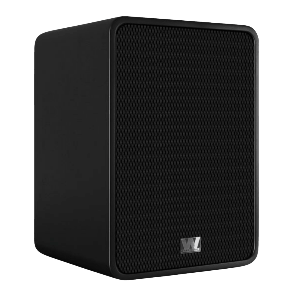 Wharfedale Denton S1 Heritage Loudspeakers in Matte Blue. Individual speaker shown, with grille and angled to the right