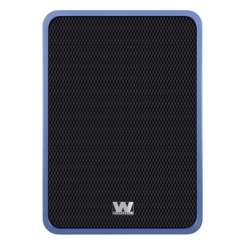 Wharfedale Denton S1 Heritage Loudspeakers in Matte Blue. Individual speaker shown, with grille, front