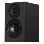 Wharfedale Diamond 12.0i Bookshelf Speakers. Angled view of individual speaker shown in Black and without grille.