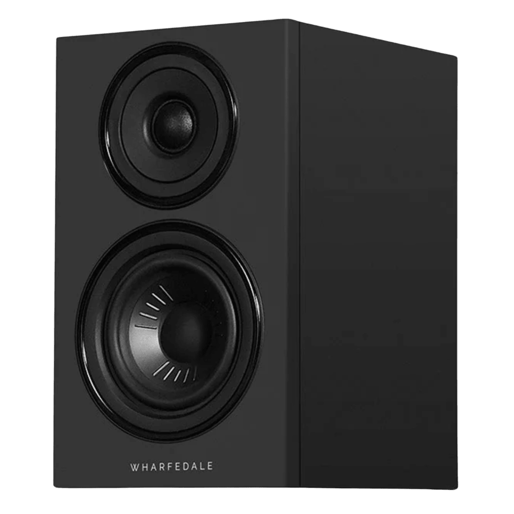 Wharfedale Diamond 12.0i Bookshelf Speakers. Angled view of individual speaker shown in Black and without grille.