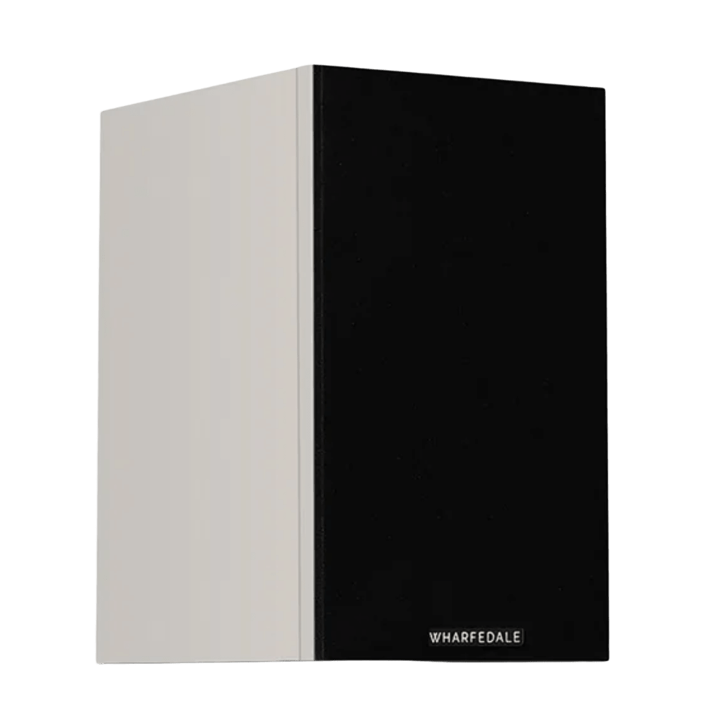 Wharfedale Diamond 12.0i Bookshelf Speakers. Angled view of individual speaker shown in Grey and with grille.