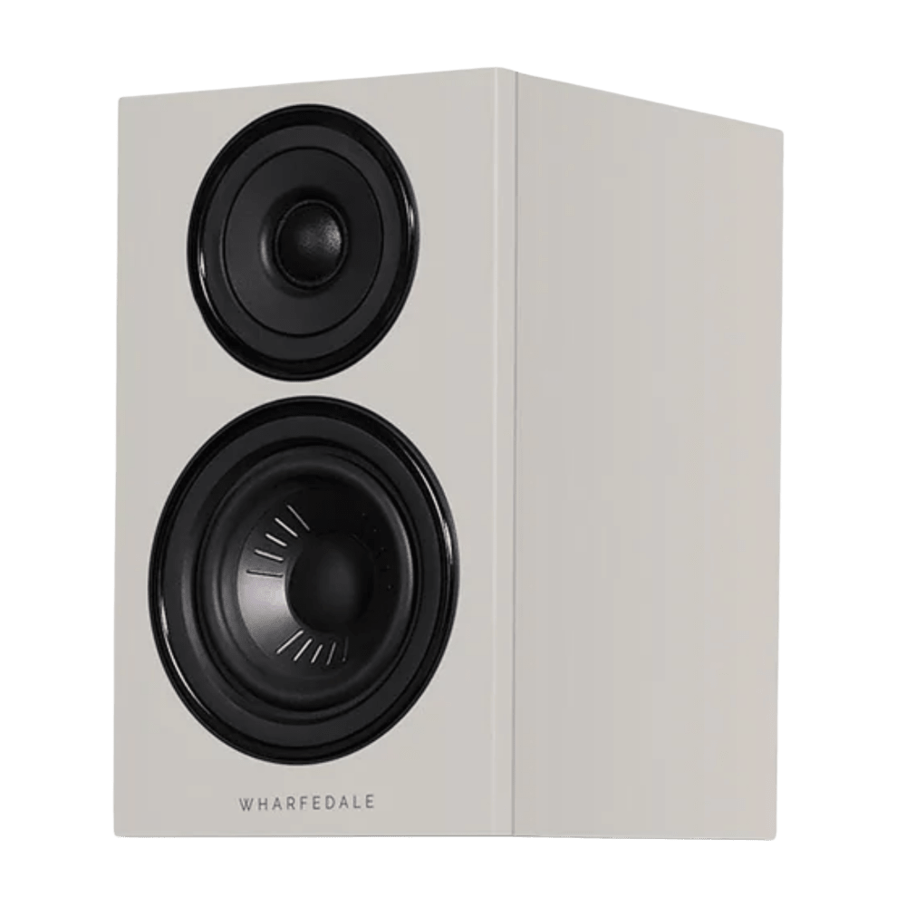 Wharfedale Diamond 12.0i Bookshelf Speakers. Angled view of individual speaker shown in Grey and without grille.