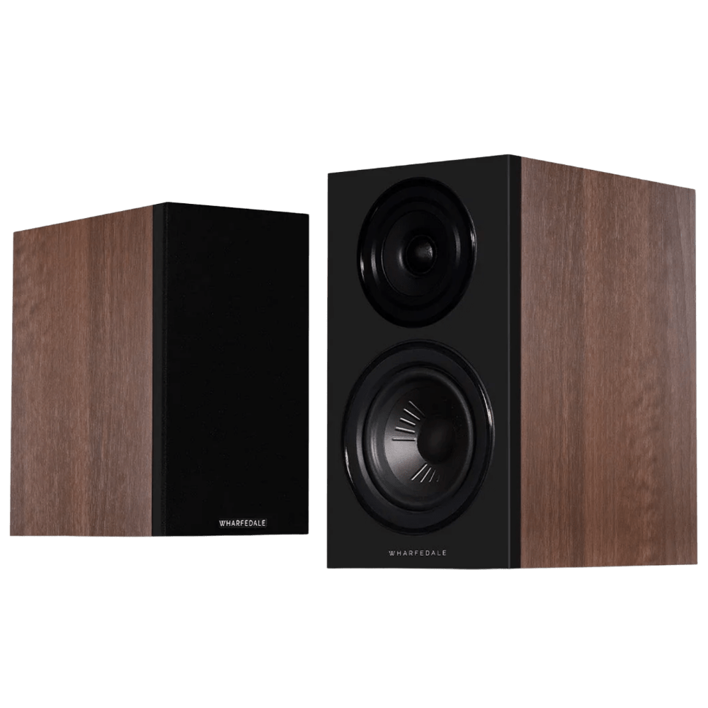Wharfedale Diamond 12.0i Bookshelf Speaker pair shown in Walnut, with and without grille.