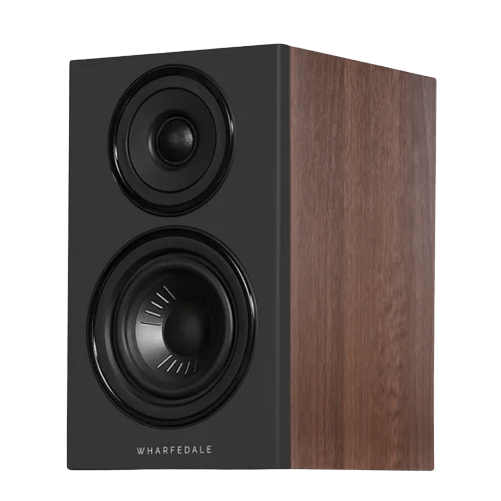 Wharfedale Diamond 12.0i Bookshelf Speakers. Angled view of individual speaker shown in Walnut and without grille.