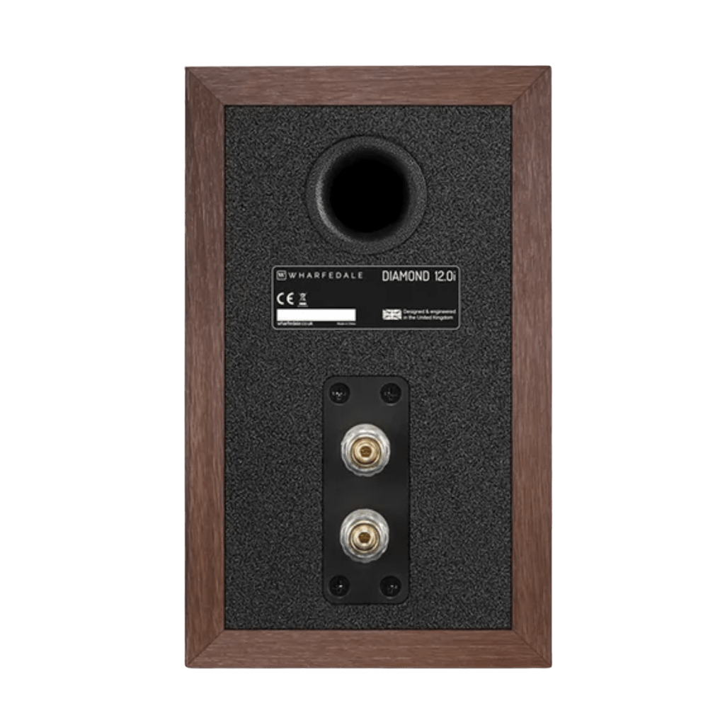 Wharfedale Diamond 12.0i Bookshelf Speakers. back of individual speaker shown in Walnut.
