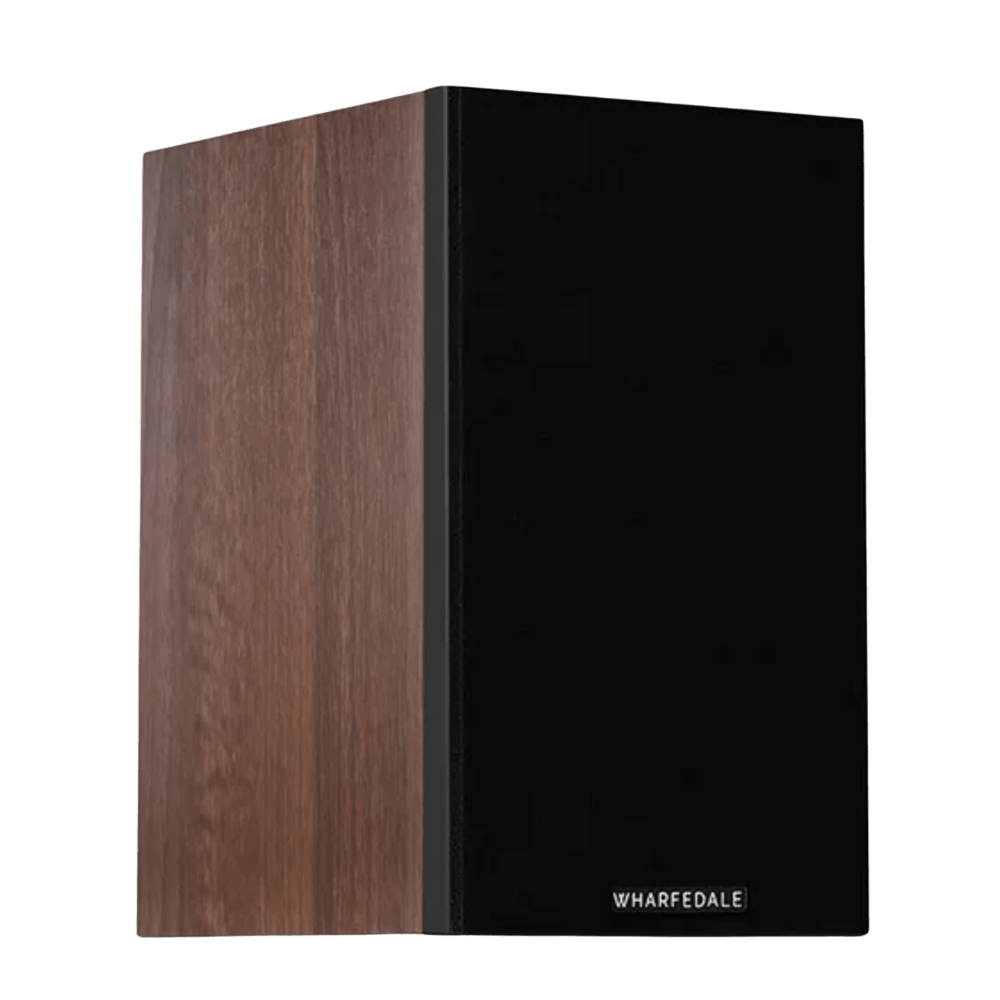 Wharfedale Diamond 12.0i Bookshelf Speakers. Angled view of individual speaker shown in Walnut with grille.