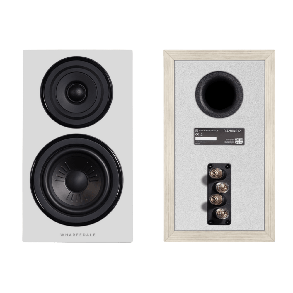 Wharfedale Diamond 12.1 Bookshelf Speakers in Light Oak, front without grille and back