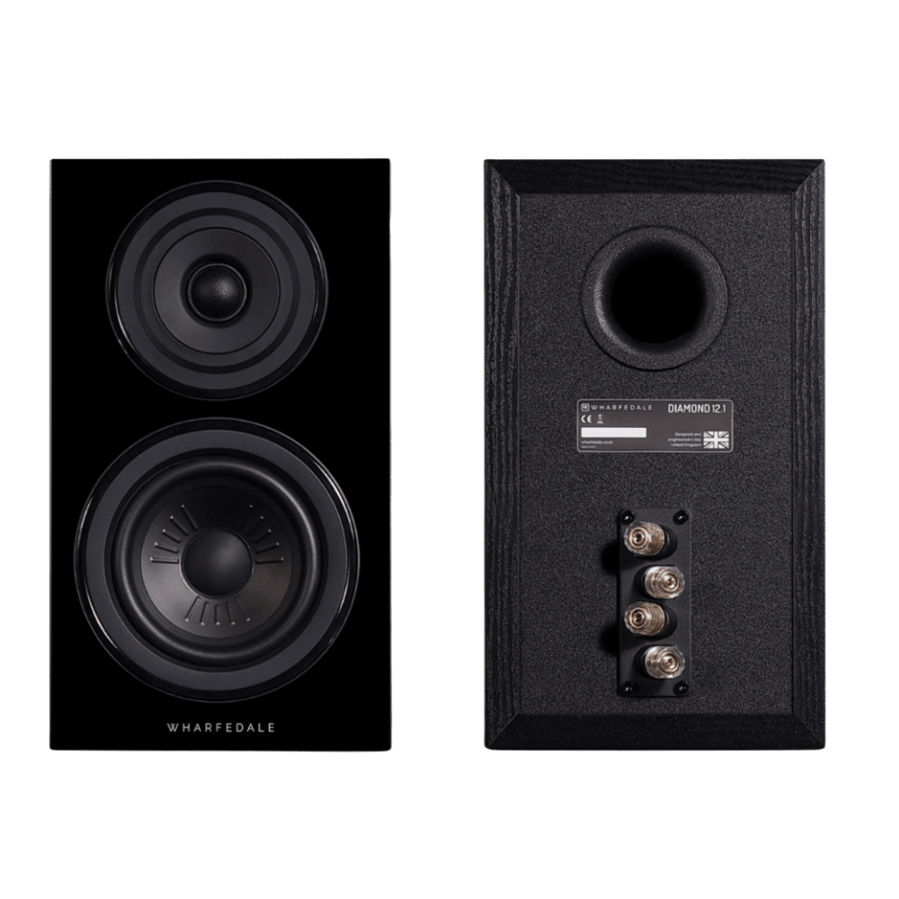 Wharfedale Diamond 12.1 Bookshelf Speakers in Black, front without grille and back