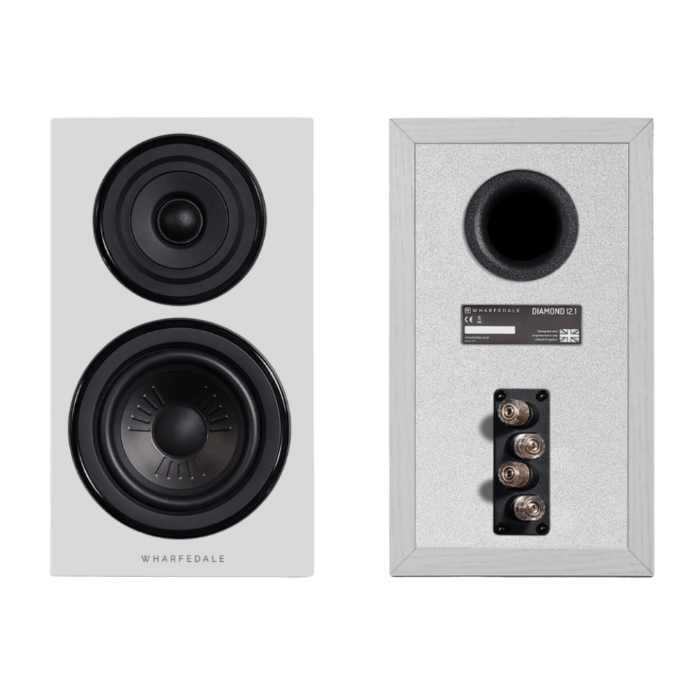 Wharfedale Diamond 12.1 Bookshelf Speakers in White, front without grille and back