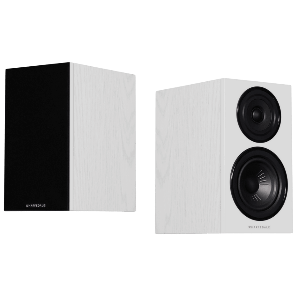 Wharfedale Diamond 12.1 Bookshelf Speakers in White with and without Grille