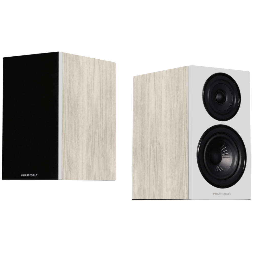 Wharfedale Diamond 12.1 Bookshelf Speakers in Light Oak with and without Grille