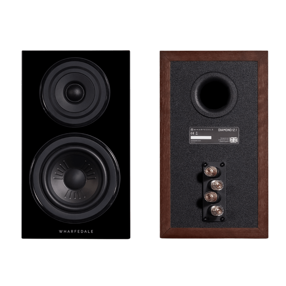 Wharfedale Diamond 12.1 Bookshelf Speakers in Walnut, front without grille and back