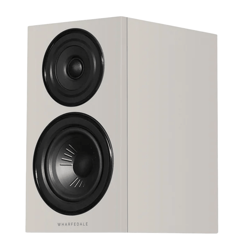 Wharfedale Diamond 12.1i Bookshelf Speakers. Angled view of individual speaker shown in Grey and without grille.