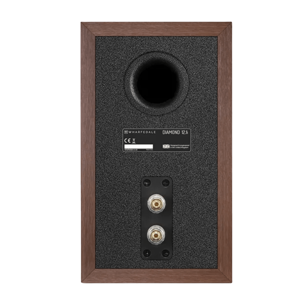Wharfedale Diamond 12.1i Bookshelf Speakers. back of individual speaker shown in Walnut.