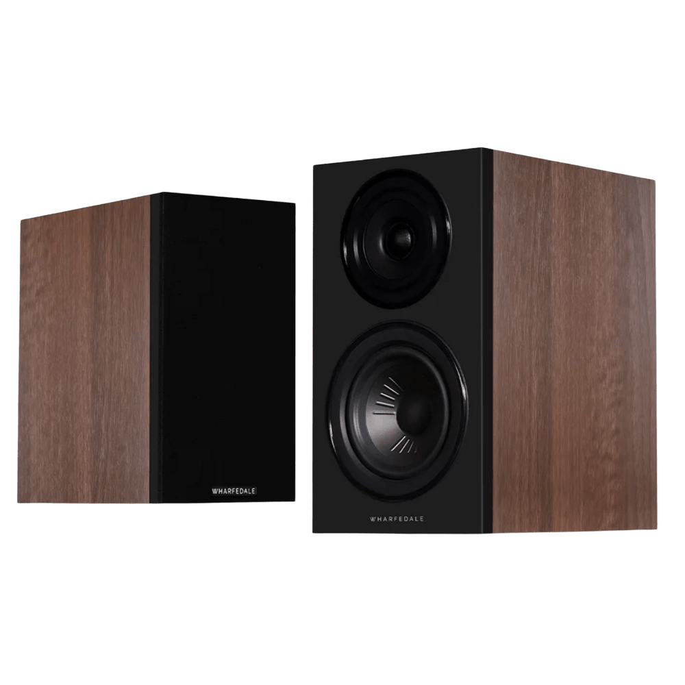 Wharfedale Diamond 12.1i Bookshelf Speaker pair shown in Walnut, with and without grille.
