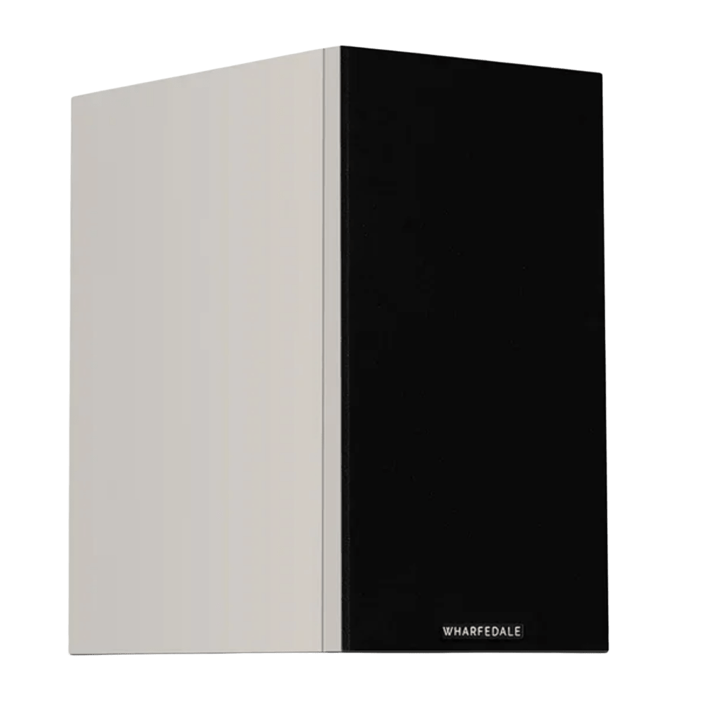 Wharfedale Diamond 12.1i Bookshelf Speakers. Angled view of individual speaker shown in Grey with grille.