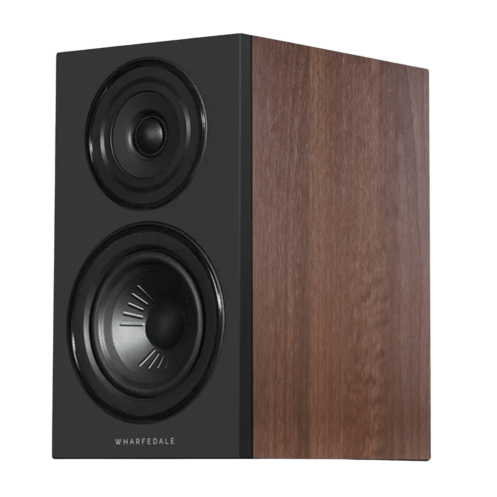 Wharfedale Diamond 12.1i Bookshelf Speakers. Angled view of individual speaker shown in Walnut and without grille.