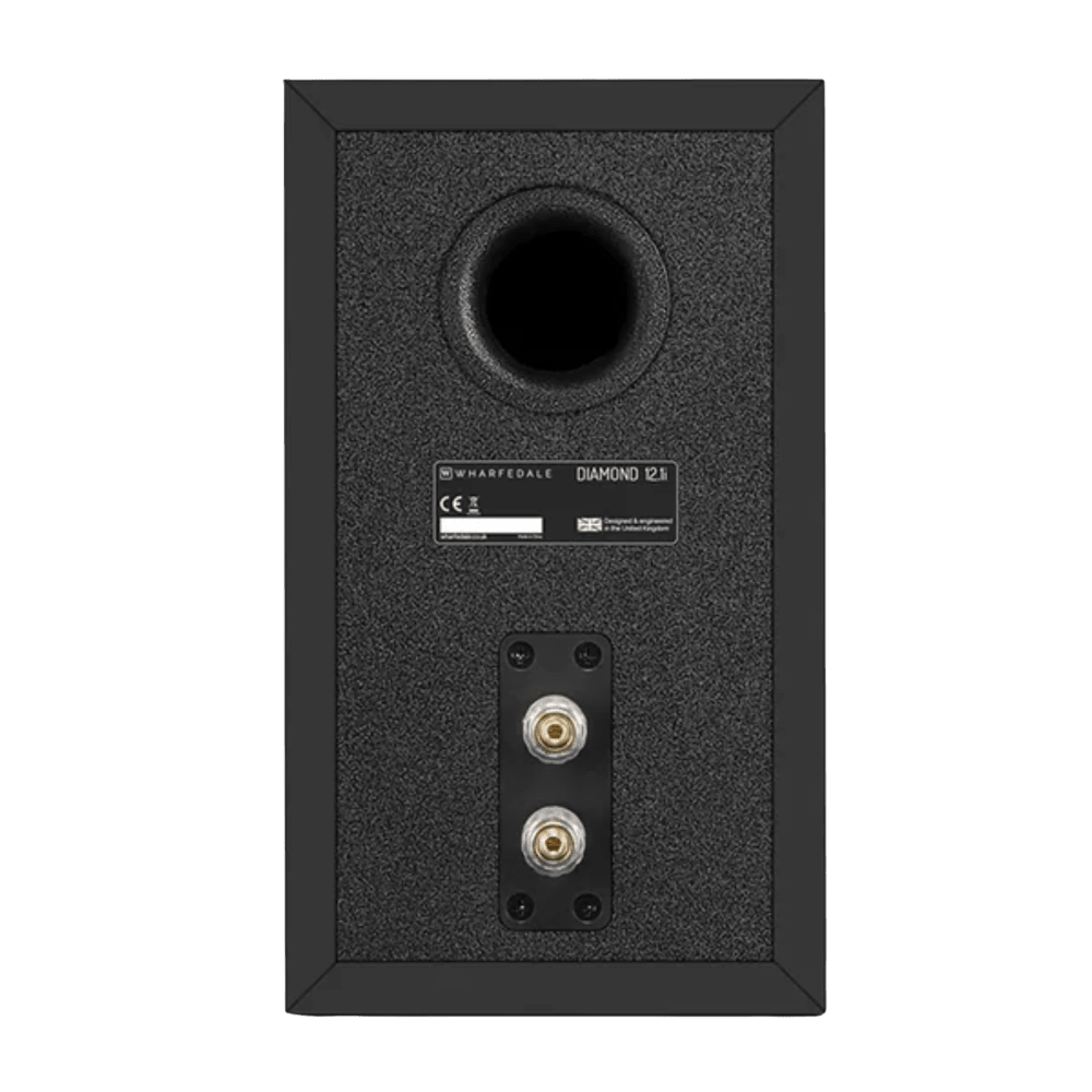 Wharfedale Diamond 12.1i Bookshelf Speakers. Rear view of individual speaker shown in Black 