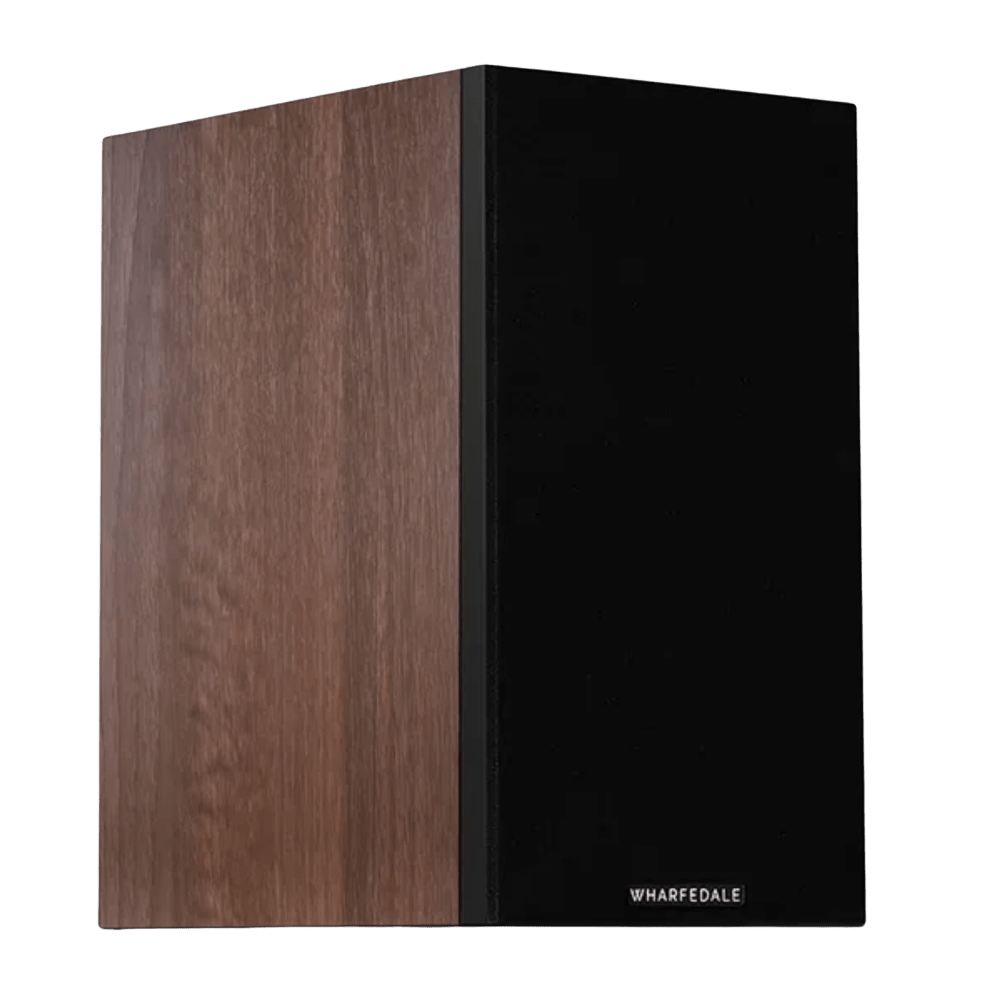 Wharfedale Diamond 12.1i Bookshelf Speakers. Angled view of individual speaker shown in Walnut and without grille.