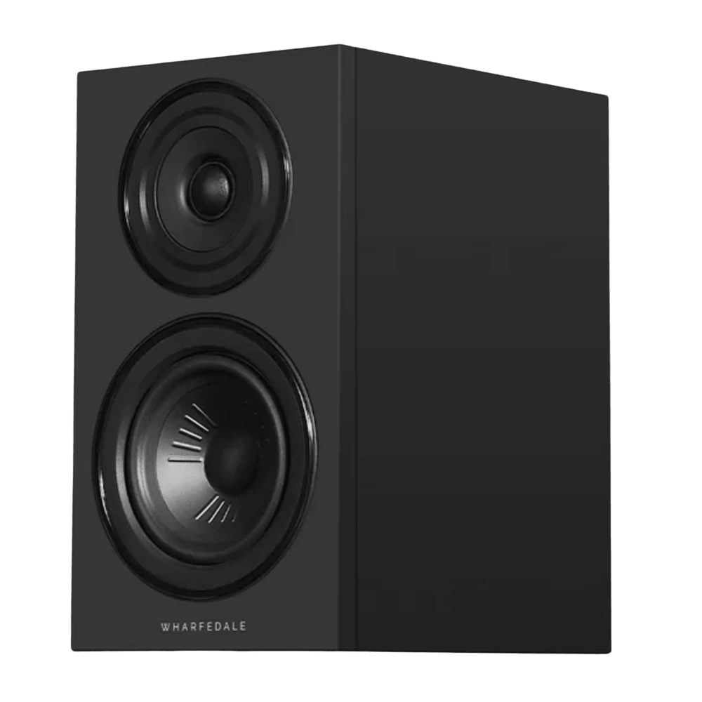 Wharfedale Diamond 12.1i Bookshelf Speakers. Angled view of individual speaker shown in Black and without grille.
