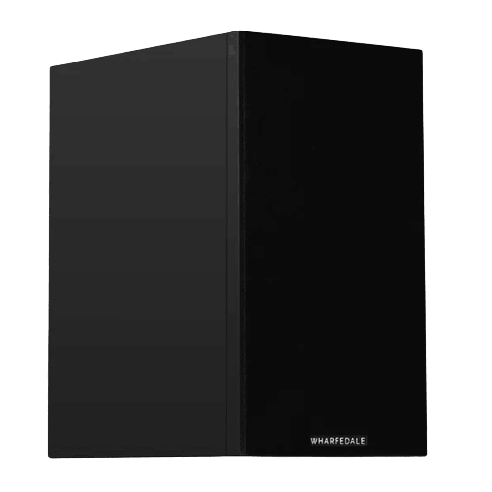 Wharfedale Diamond 12.1i Bookshelf Speakers. Angled view of individual speaker shown in Black with grille.
