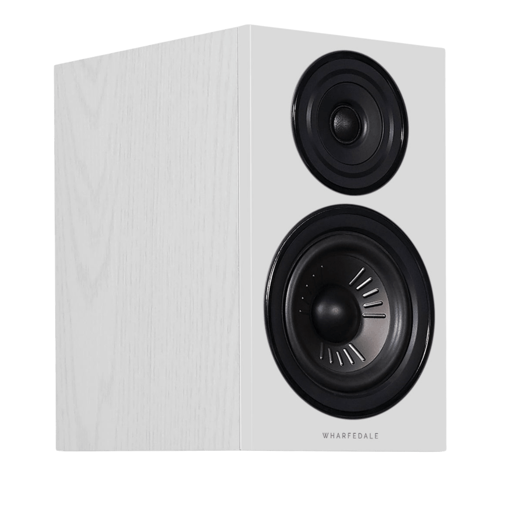  Wharfedale Diamond 12.2 Bookshelf Speakers in White Oak, angled view of individual speaker