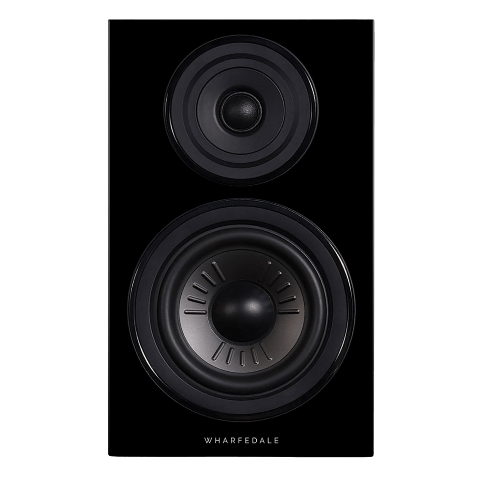  Wharfedale Diamond 12.2 Bookshelf Speakers in Black, front of individual speaker