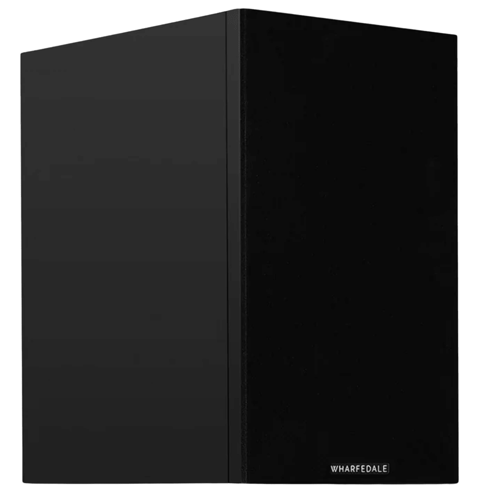 Wharfedale Diamond 12.2i Bookshelf Speakers. Angled view of individual speaker shown in Black with grille.